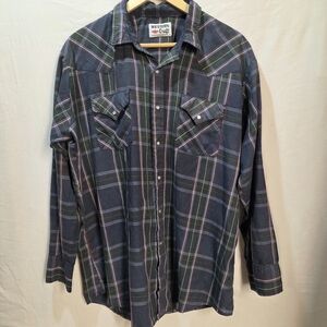 Vintage Western Craft Mens Blue Green Plaid Button Down Pearl Snap Buttons ~2XL
